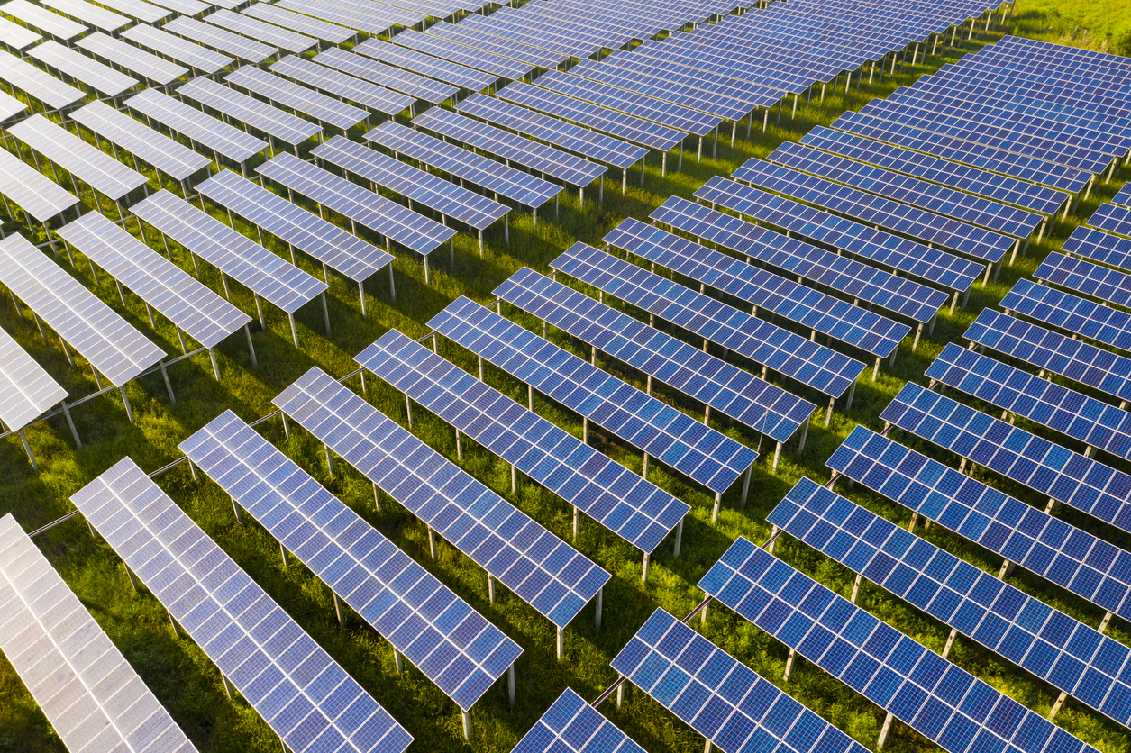 Community solar farm aerial grid view